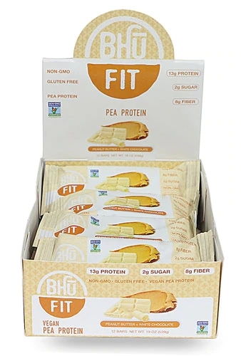 BHU Fit Barra de Proteína Vegana de Ervilha Sabor Manteiga de Amendoim & Chocolate Branco - 12 Barras (Aprox. 600g)