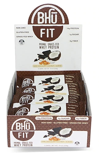 BHU Barra de Proteína Primal Grass-Fed Whey Chocolate Amargo + Coco + Amêndoa - 12 Barras (Aprox. 57g cada)