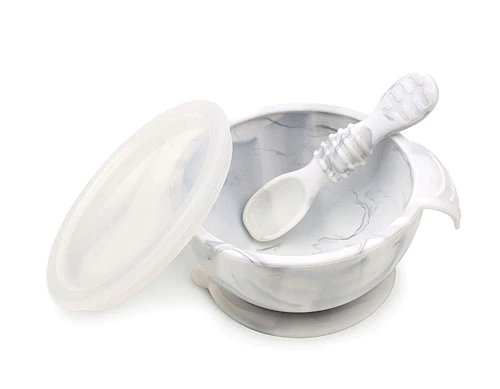 Conjunto Alimentação Bebê Silicone Bumkins Mármore Branco - Prato Ventosa + Talher | Kit Primeira Papinha BLW