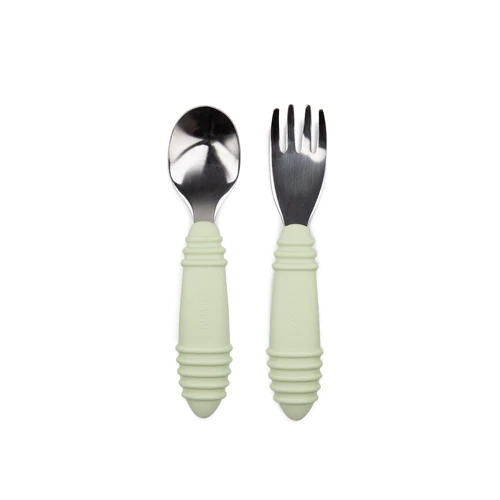 Kit Colher e Garfo Infantil Bumkins Verde - Ideal para Primeiras Refeições do Bebê