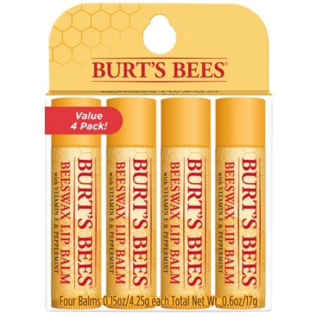 Burt's Bees 100% Natural Moisturizing Lip Balm Original Beeswax with Vitamin E & Peppermint Oil -- 4 Pack