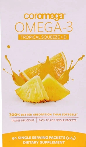 Coromega Omega 3 Plus D Squeeze Sabor Tropical - 90 Sachês de 3g Cada (Total 270g)
