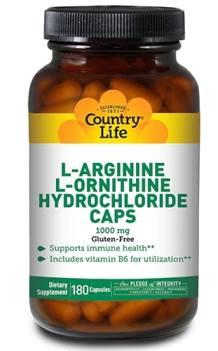 Country Life L-Arginina L-Ornitina 1000mg 180 Cápsulas | Suporte Potente para Desempenho e Recuperação
