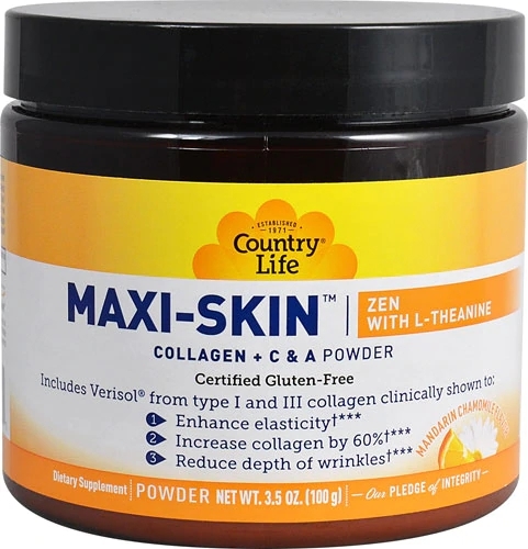 Country Life MAXI-SKIN™ Zen (99.2g): Colágeno Verisol, L-Teanina, Tangerina & Camomila para Pele Saudável e Relaxamento