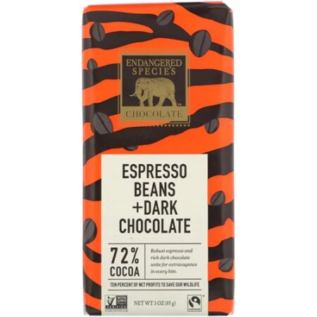 Endangered Species Dark Chocolate Bars Espresso Beans + Dark Chocolate -- 3 oz