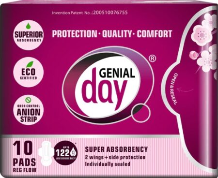 Genial Day Feminine Pads Regular Flow Super Absorbency -- 10 Pads