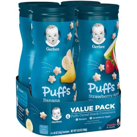 Gerber Puffs Cereal Snacks Banana & Strawberry Apple -- 4 Canister