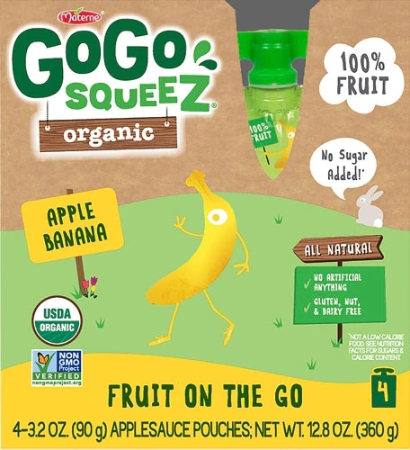 GoGo Squeez Maçã Banana Orgânico 4 Sachês de 90g - Lanche Saudável para Levar