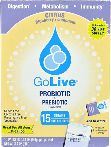 GoLive Probiótico & Prebiótico Limonada Cítrica com Blueberry - 10 Sachês - Refrescante e Natural