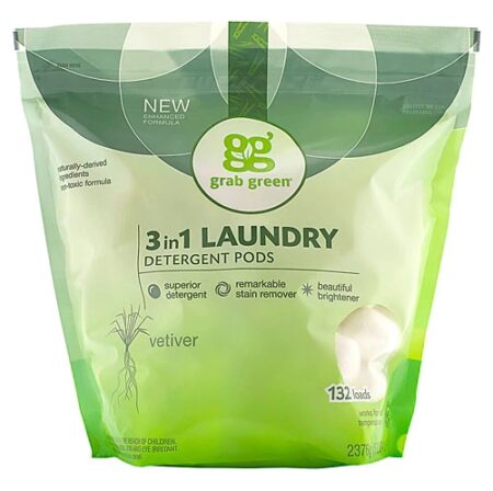 GrabGreen 3 in 1 Laundry Detergent Pods, Vetiver -- 132 Pods