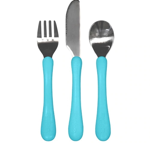 Conjunto de Talheres de Aprendizagem Green Sprouts Aqua - 1 Kit Essencial para Bebês a Partir de 12 Meses