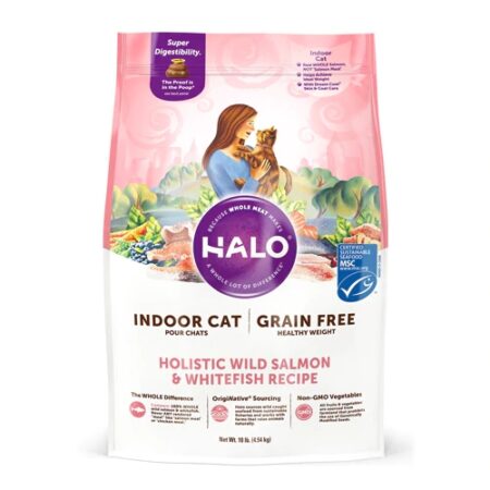 Halo Grain Free Dry Cat Food, Indoor Healthy Weight Wild Salmon & Whitefish Recipe -- 10 lb