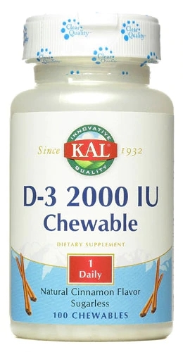 Kal D-3 Sugarless Chewables Canela - 2000 UI Vitamina D3 - 100 Tabletes Mastigáveis Sem Açúcar