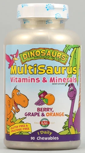 Kal Dinosaurs MultiSaurus® Morango Uva e Laranja - 90 Mastigáveis - Multivitamínico Infantil