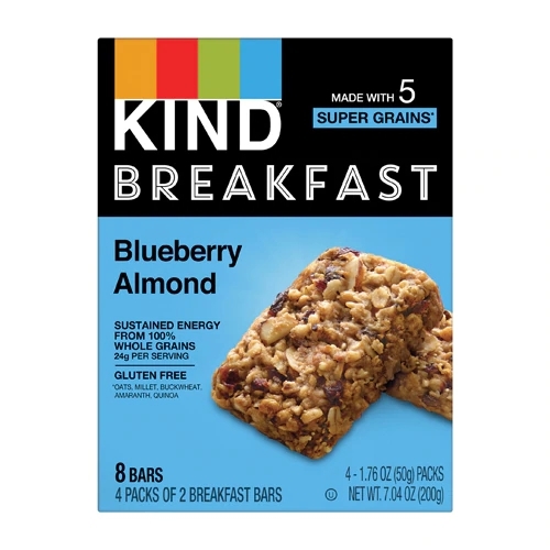 Kind Breakfast Bars Mirtilo e Amêndoa - 4 Pacotes (8 Barras), Sabor Delicioso e Nutritivo