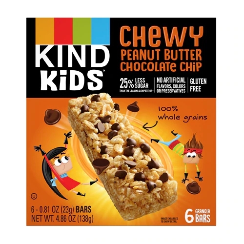 Kind Kids Barras de Granola Sem Glúten Mastigáveis Sabor Manteiga de Amendoim e Gotas de Chocolate - 170g (6 Barras)