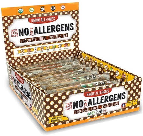 Know Allergies Barras Orgânicas Sem Glúten Veganas com Gotas de Chocolate e Pretzel - 12 Unidades (Aprox. 40g cada)