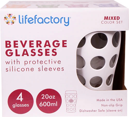 Copos de Vidro Lifefactory 591ml com Mangas de Silicone (Branco Óptico) - Kit com 4 Unidades