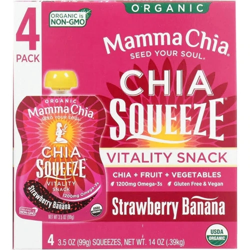 Mamma Chia Squeeze Snack Orgânico Morango Banana - 4 Sachês (Aprox. 340g)