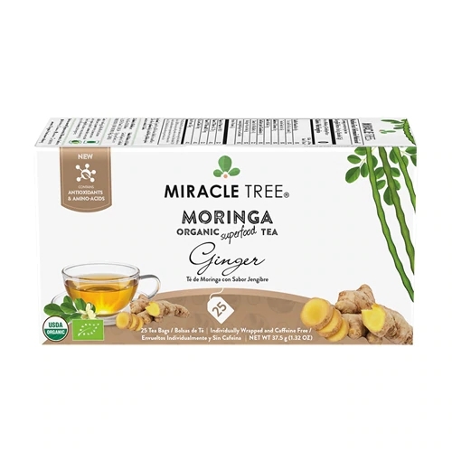 Miracle Tree Chá Orgânico de Moringa com Gengibre - 25 Sachês (2.5g cada)