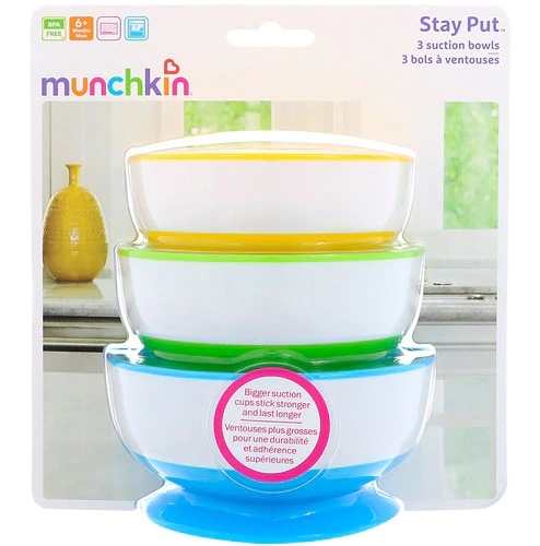 Conjunto 3 Tigelas Munchkin Stay-Put Suction Bowls - Anti-Derrame, Livre de BPA (Aprox. 250ml cada)