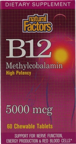 Natural Factors Vitamina B12 Metilcobalamina 5000 mcg - 60 Comprimidos Mastigáveis - Energia e Bem-Estar
