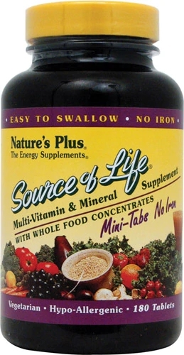 Nature's Plus Source of Life Multivitamínico e Mineral Sem Ferro - 180 Mini Comprimidos - Energia e Bem-Estar Essencial