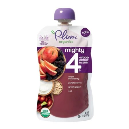 Plum Organics Mighty 4® Organic Baby Food Tots Apple Blackberry Purple Carrot Greek Yogurt Oat -- 4 oz Each / Pack of 6