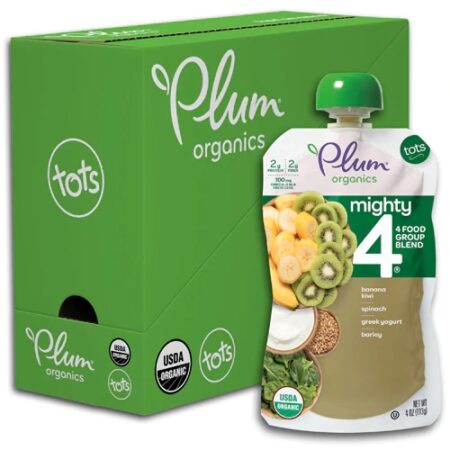 Plum Organics Mighty 4® Organic Baby Food Tots Banana Kiwi Spinach Greek Yogurt Barley -- 4 oz Each / Pack of 6