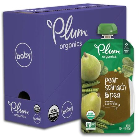 Plum Organics Organic Baby Food Pouches Stage 2 Pear Spinach & Pea -- 4 oz Each / Pack of 6