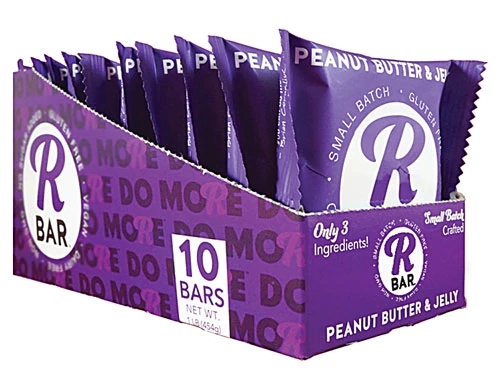 Barras Energéticas RBar Sem Glúten Veganas Sabor Pasta de Amendoim e Geleia - 10 Unidades (aprox. 45g cada)
