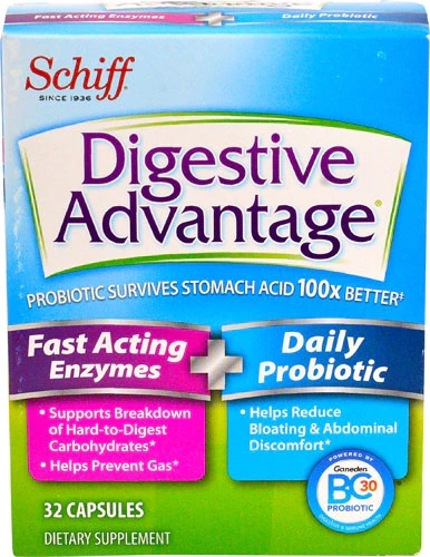 Schiff Digestive Advantage Fast Acting Enzymes + Probiótico Diário - 32 Cápsulas: Alívio Rápido e Saúde Digestiva