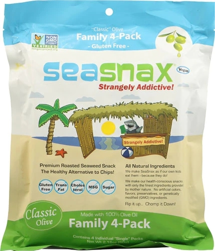 SeaSnax Alga Marinha Assada Sabor Azeitona - Pacote Família com 4 Unidades - 61g