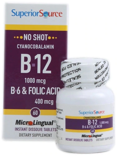Superior Source B12 Cianocobalamina com B6 e Ácido Fólico - 1000 mcg - 60 Comprimidos de Dissolução Rápida