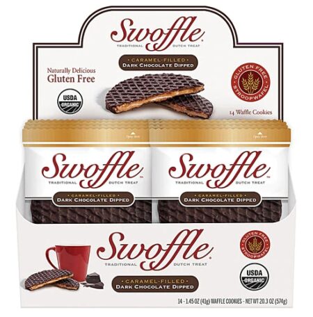 Swoffle Organic Waffle Cookie Stroopwafel Gluten Free Dark Chocolate Dipped -- 14 Waffle Cookies