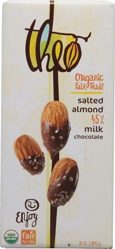 Barra de Chocolate ao Leite Orgânico Theo Chocolate com Amêndoas Salgadas 85g - Delícia Premium