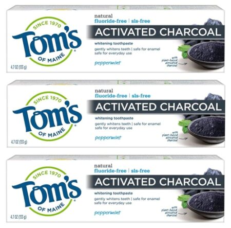 Tom's of Maine Activated Charcoal Fluoride-Free Whitening Toothpaste Peppermint -- 4.7 oz Each / Pack of 3