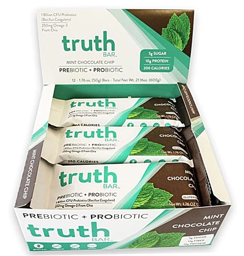 Truth Bar Barra de Snack Nutritiva com Prebióticos e Probióticos Sabor Chocolate com Hortelã - Caixa com 12 Unidades