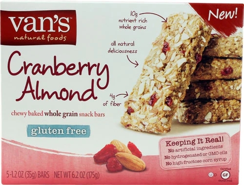 Barras de Snack Integrais Macias Van's Natural Foods Cranberry Almond Sem Glúten - Pacote com 5 Barras (Aproximadamente 215g)