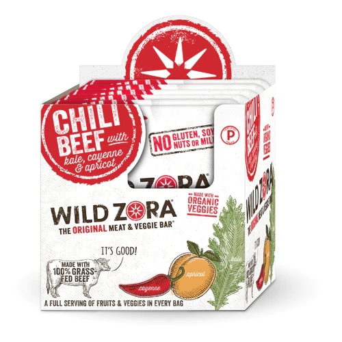Wild Zora Barras de Carne e Vegetais Chili Cayenne com Damasco 28g - Pack com 10 Unidades