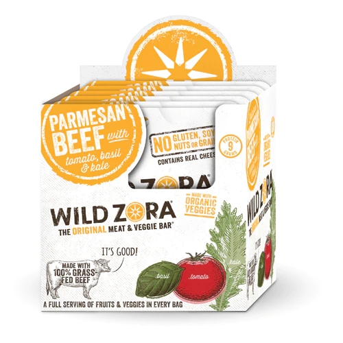 Barras Wild Zora Beef & Veggie Queijo Parmesão Tomate Manjericão 28g - Pack com 10 Unidades
