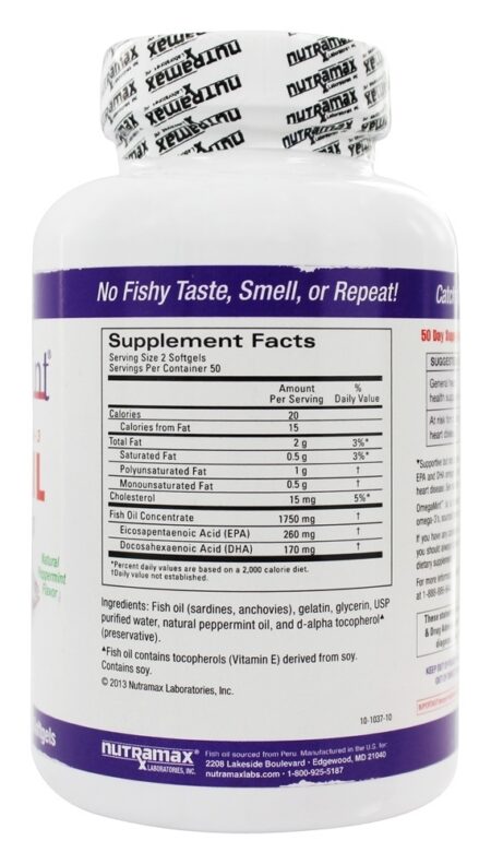 Omega Hortelã purificado Omega - 3 Óleo de peixe Suplemento de saúde do coração Sabor natural de hortelã-pimenta 1750 mg. - 100 Softgels Nutramax Labs - Image 2