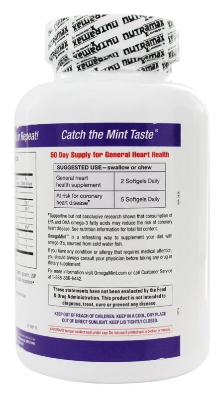 Omega Hortelã purificado Omega - 3 Óleo de peixe Suplemento de saúde do coração Sabor natural de hortelã-pimenta 1750 mg. - 100 Softgels Nutramax Labs - Image 3