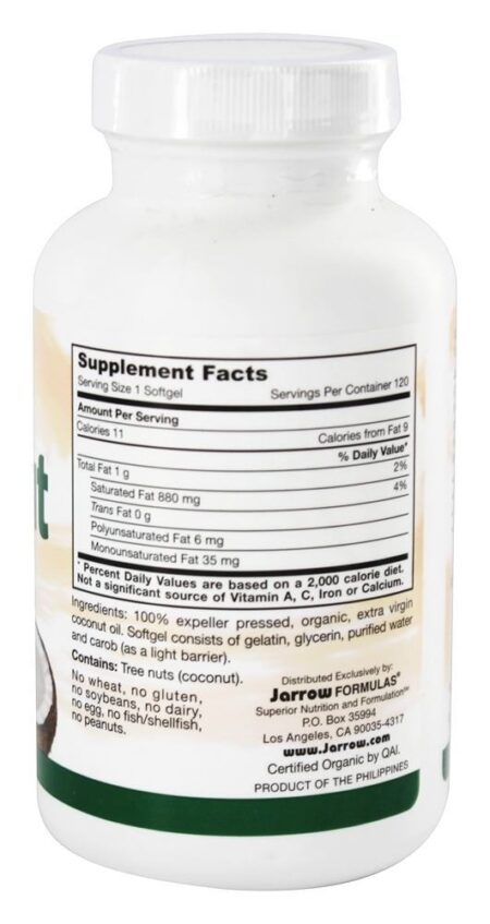 Óleo de coco 100 % de Virgem Extra Orgânica Certificada 1000 mg. - 120 Softgels Jarrow Formulas - Image 2