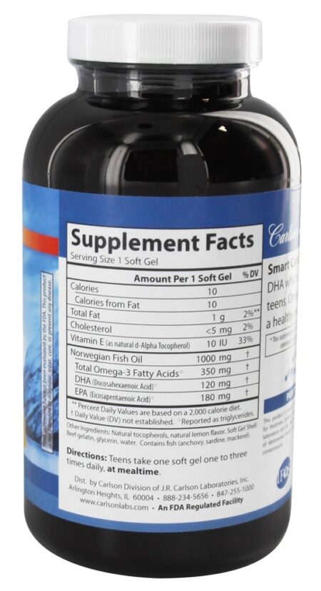 Captura inteligente de óleo de peixe norueguês Omega - 3 DHA & EPA Para adolescentes Lemon 1000 mg. - 180 Softgels Carlson Labs - Image 2