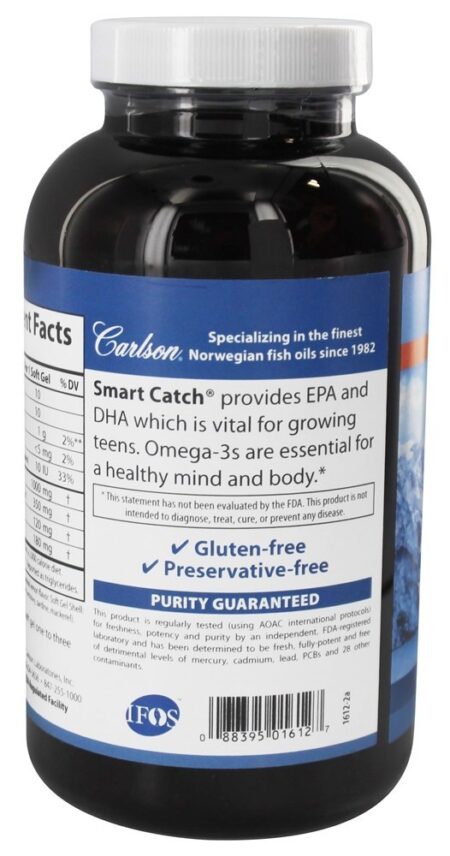 Captura inteligente de óleo de peixe norueguês Omega - 3 DHA & EPA Para adolescentes Lemon 1000 mg. - 180 Softgels Carlson Labs - Image 3