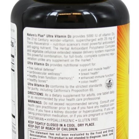 Ultra Vitamina D3 Com 25 mg Trans-Resveratrol 5000 IU - 90 Tablets Natures Plus - Imagem 3