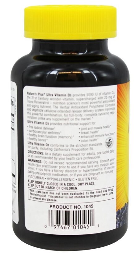 Ultra Vitamina D3 Com 25 mg Trans-Resveratrol 5000 IU - 90 Tablets Natures Plus - Image 3