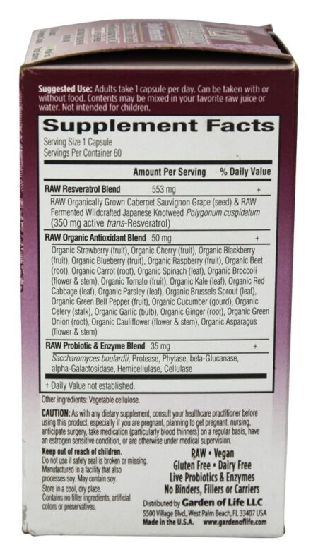 Resveratrol Raw Resveratrol Fermentado RAW 350 mg. - Cápsulas 60 Garden of Life - Image 2