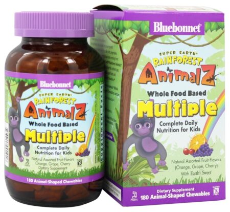 Animalz Inteiro Comida Baseado Múltiplo Natural Variado Fruto Sabores (Laranja, Uva, Cereja) com Earthsweet - 180 Mastigáveis Bluebonnet Nutrition